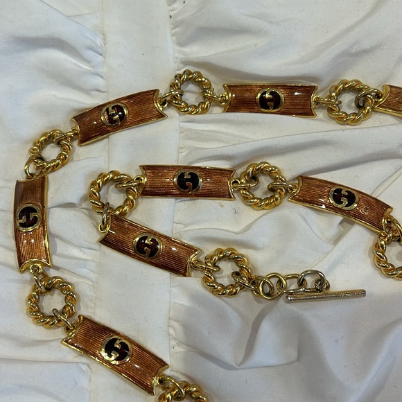 VINTAGE β70s GUCCI ITALY BROWN ENAMEL LOGO RUNWAY TOGGLE BELT/Necklace - Picture 10 of 11